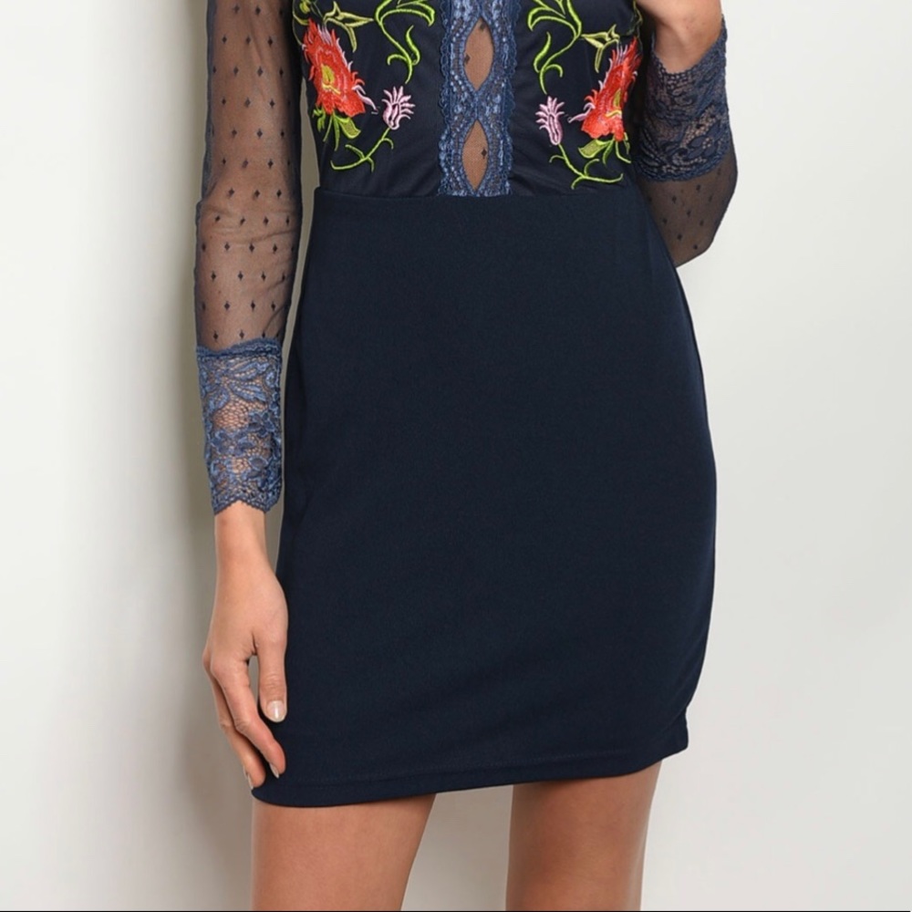 Brand New Navy Floral Embroidered Mesh Dress - Picture 3 of 6